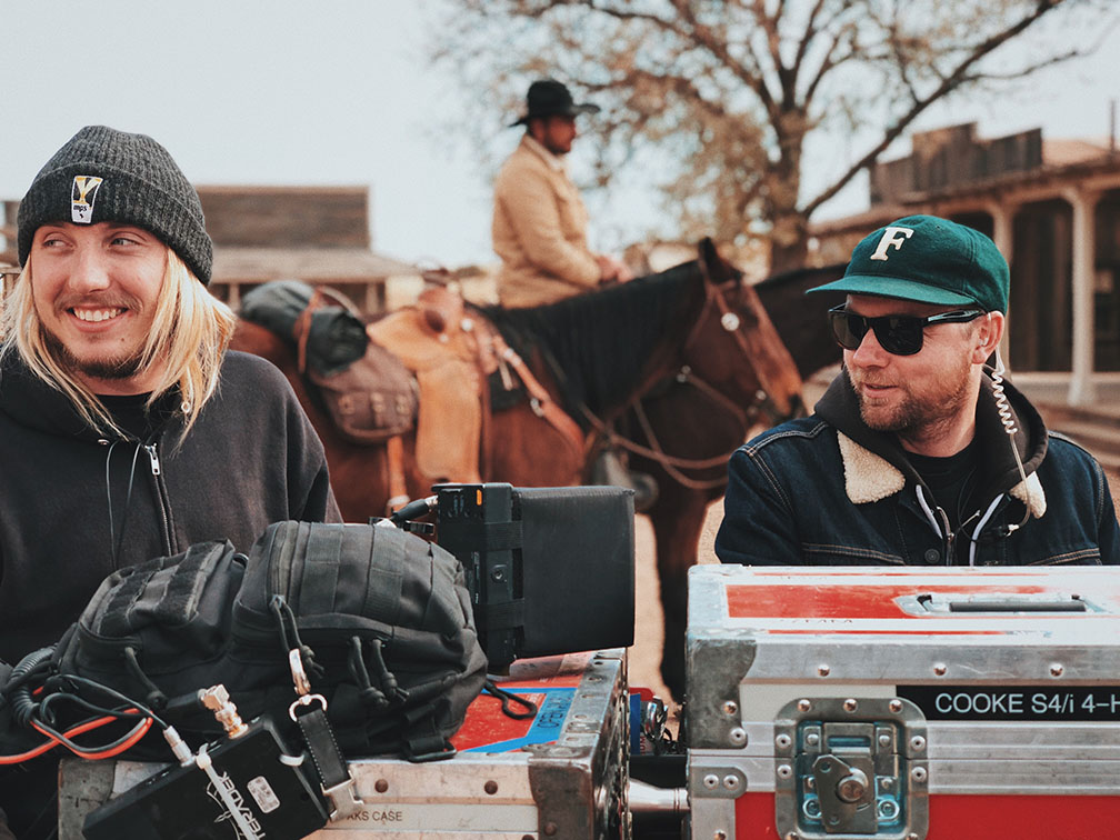 film crew looking happy on set.